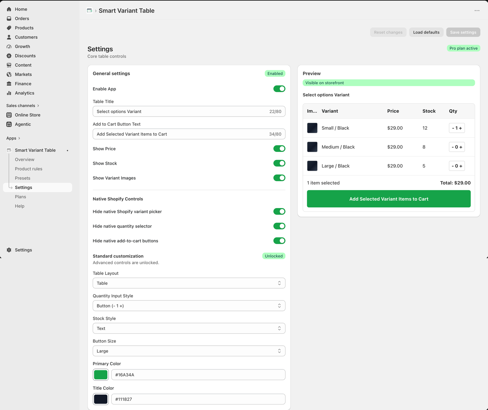 Smart Variant Table Pro global settings screen with general settings, native Shopify controls, styling controls, and live preview